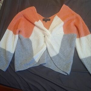 Almost Famous Colorblock Sweater - Coral, White, Gray